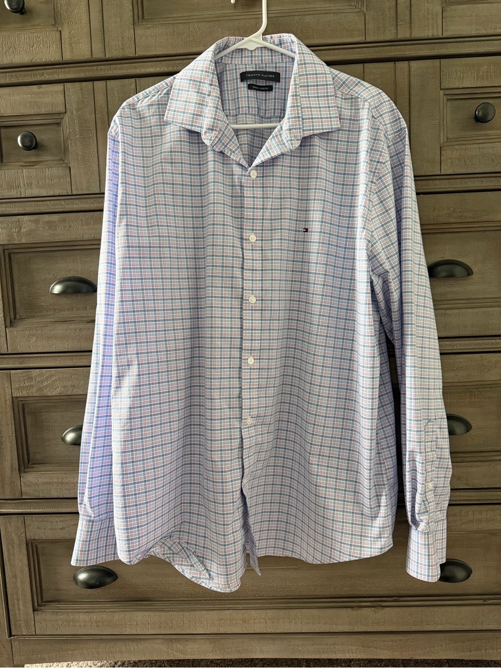 Tommy Hilfiger Men’s Light Blue and Pink Plaid Button-Down Shirt